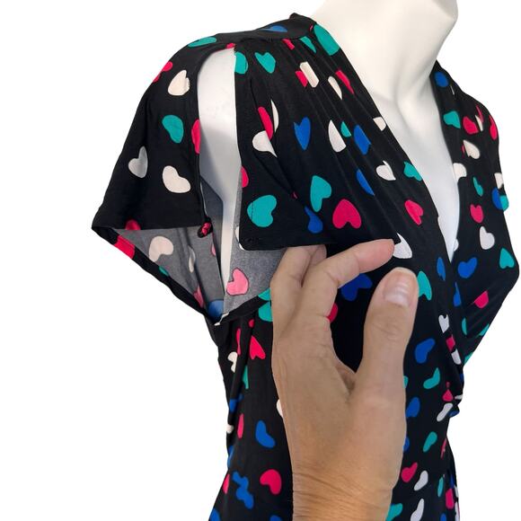 New* Wrap Dress Size Medium Black Pink Green Hearts Fit & Flare Colorful READ - Picture 10 of 16